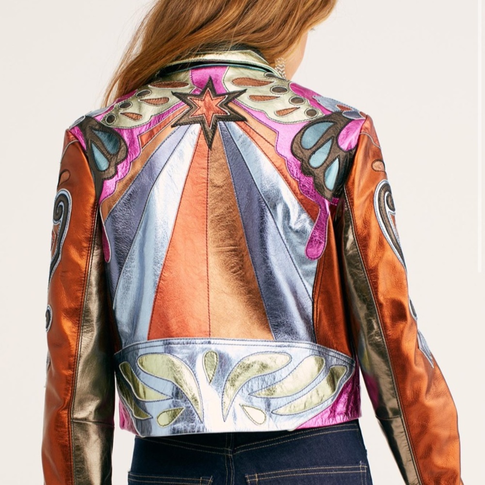 ISO FREE PEOPLE STARS ARE PSYCHEDELIC METALLIC LEATHER JACKET